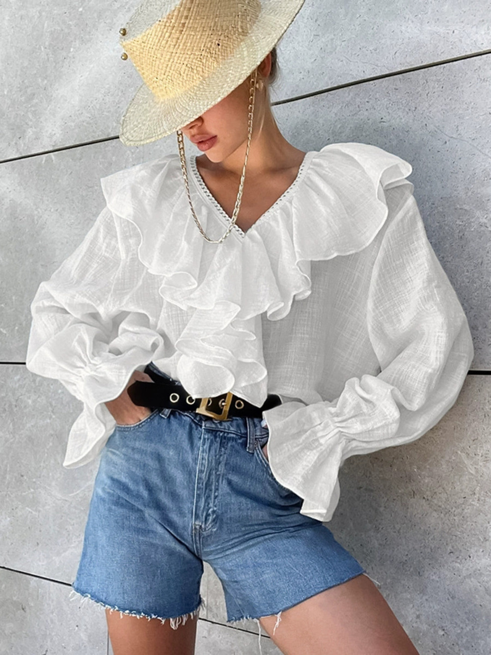 Forever 21 Ruffled Collar Cotton Blouse Lace Trim Pullover Spring Summer